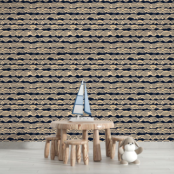 Stylized Waves Wallpaper | Beige on Navy Blue