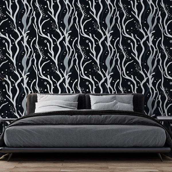 Abstract Botanical Wallpaper | White Plants on Black