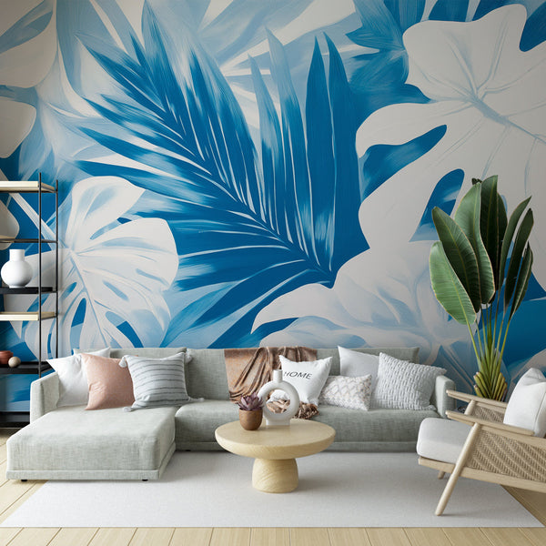 Botanical Teal Wallpaper | Luxurious Blue Gradient Leaves