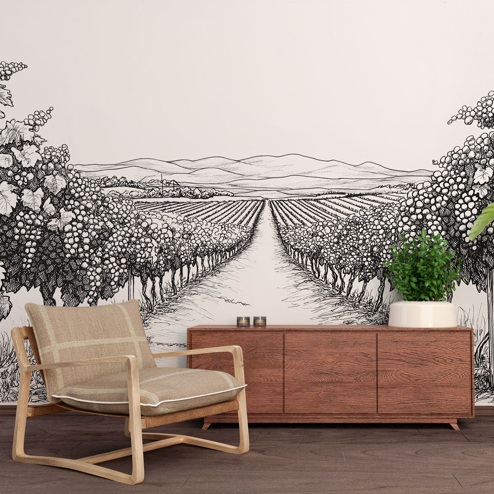 Black and White Vineyard Wallpaper | Wall Mural