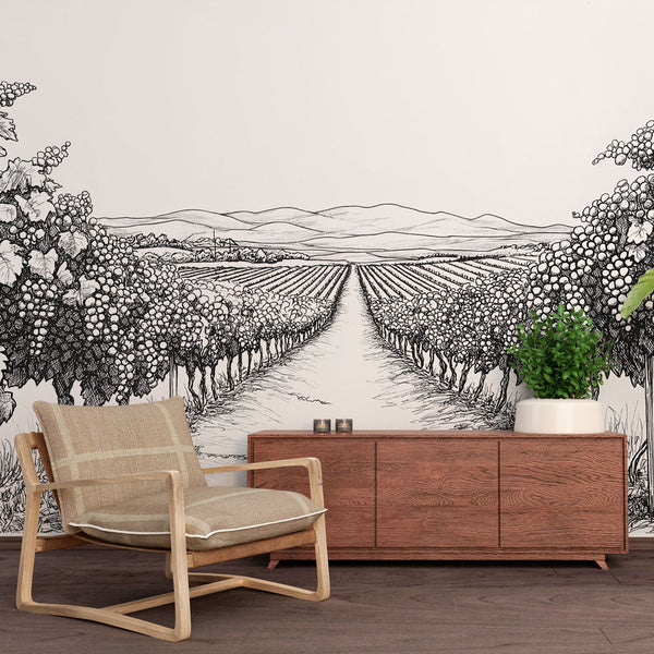 Black and White Vineyard Wallpaper | Wall Mural
