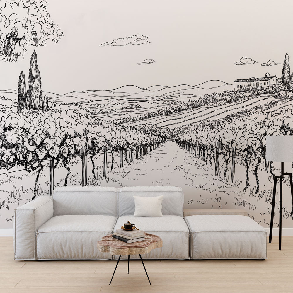 Vineyard Wallpaper | Black White Landscape Wall Mural