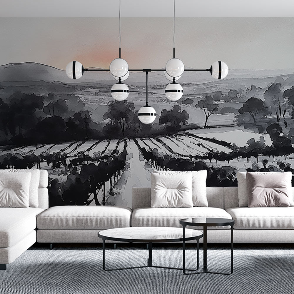 Monochrome Vineyard Wallpaper | Landscape Wall Mural