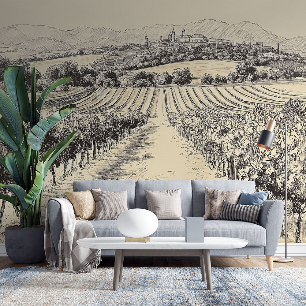 Vineyard Wallpaper | Monochrome Landscape Wall Mural