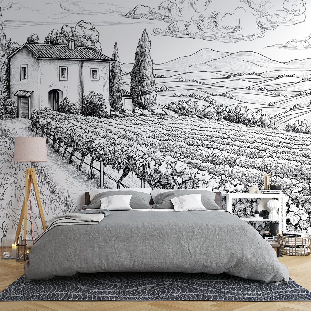 Tuscan Vineyard Wallpaper | Monochrome Wall Mural