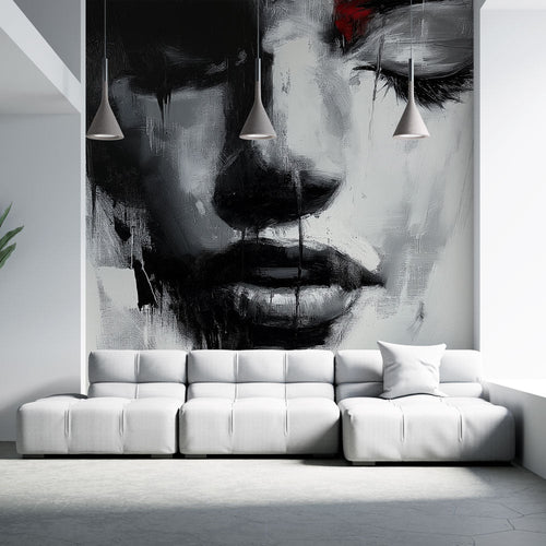 Abstract face wallpaper black white red accents minimalist artistic contemporary mural