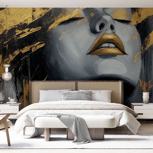 Artistic wallpaper of abstract portrait in black white gold contemporary tones