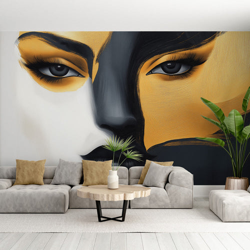 Stylised artistic face portrait wallpaper in black white and gold with luminous eyes