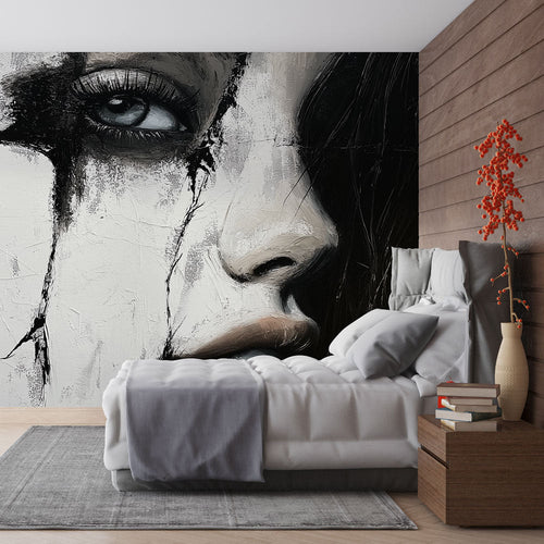 Stylised feminine portrait wallpaper in black and white with abstract cracks