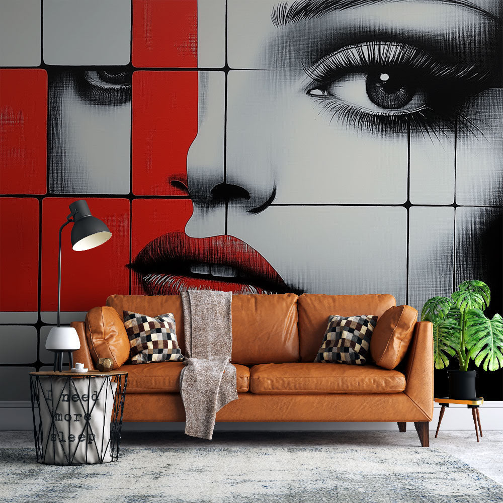Stylized Face Wallpaper | Black White Red Mural