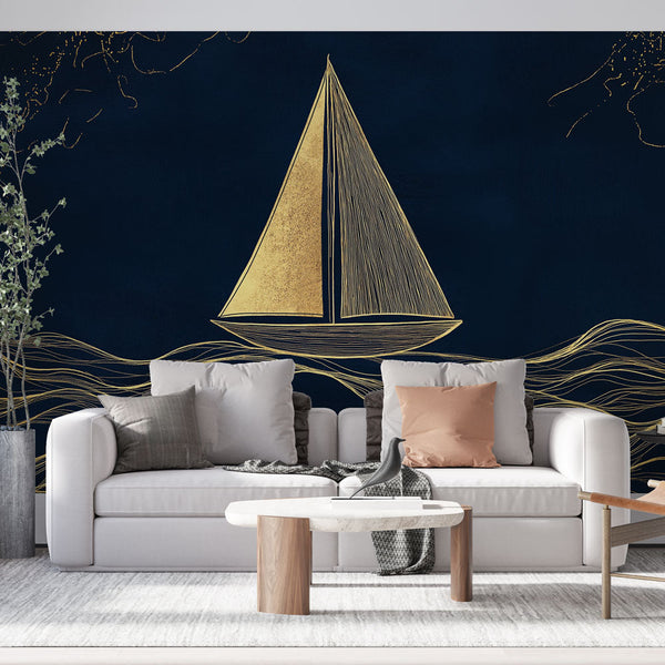 Golden Sailboat Wallpaper | Vessel on Navy Blue Waves