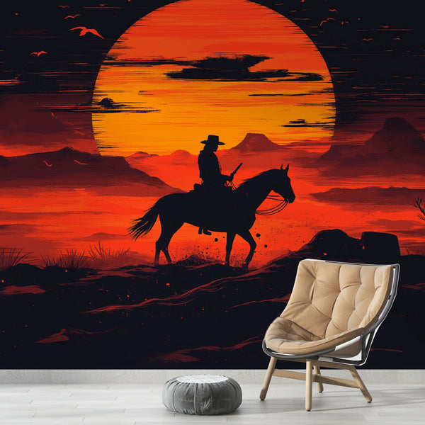 Flaming Sunset Rider Wallpaper | Western Silhouette Scene