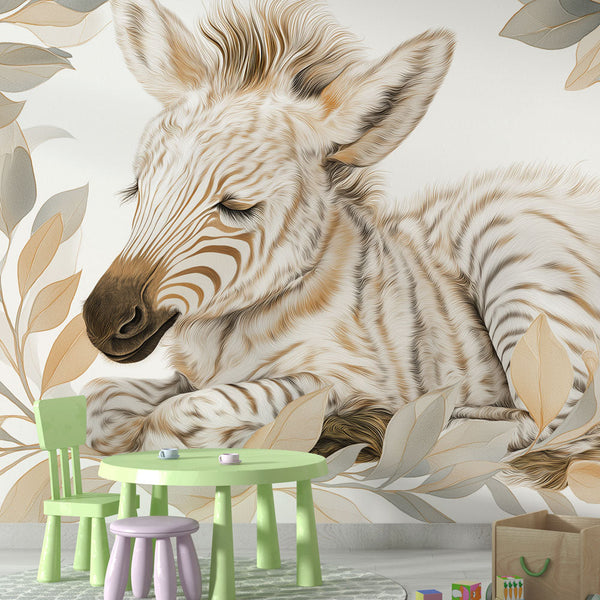 Zebra Wallpaper | Young Zebra with Soft Foliage Pattern