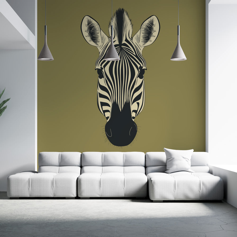 Zebra Wallpaper | Stylised Head Wall Mural on Olive Green