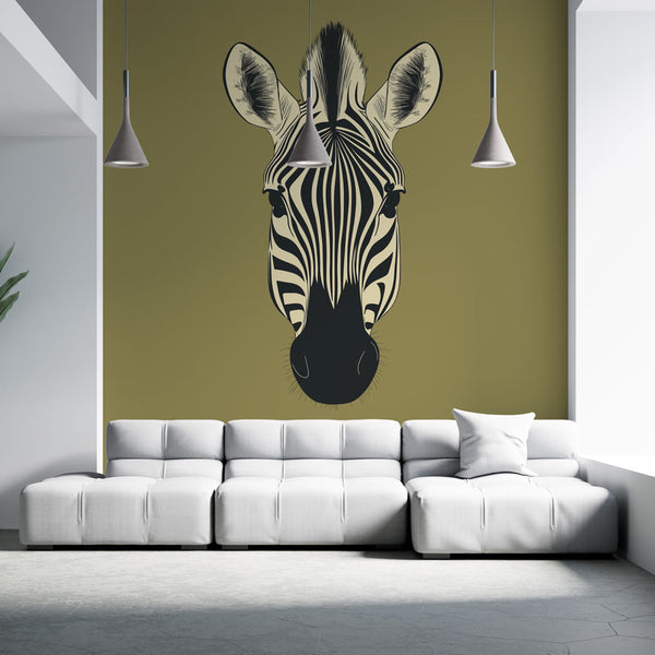 Zebra Wallpaper | Stylised Head Wall Mural on Olive Green