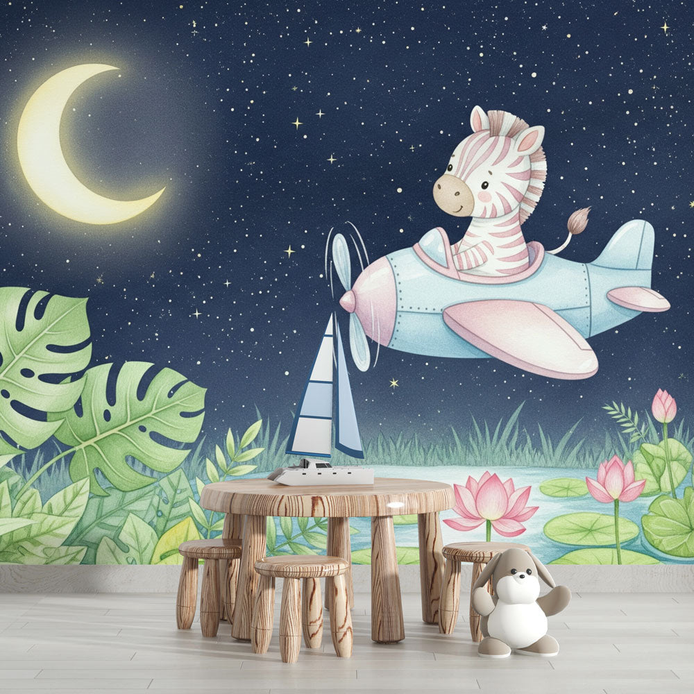 Flying Zebra Wallpaper | Airplane and Moonlight Wall Mural