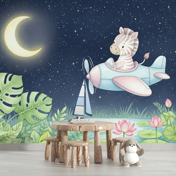 Flying Zebra Wallpaper | Airplane and Moonlight Wall Mural