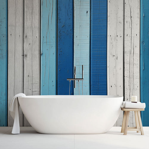 Faux coastal wood plank wallpaper with weathered blue and white planks for seaside bathroom