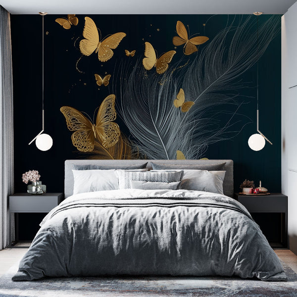 Butterflies Wallpaper | Gold on Black Wall Mural