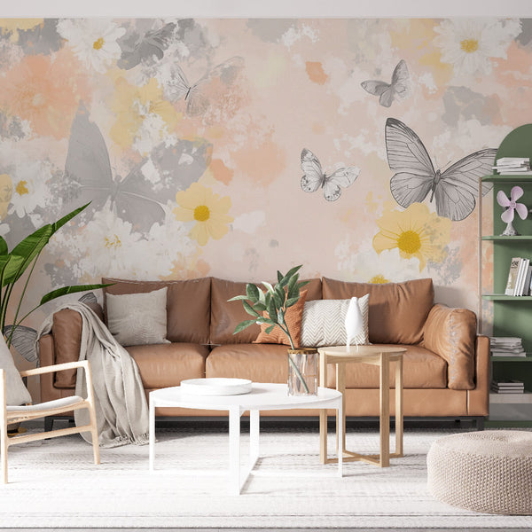 Floral Butterflies Wallpaper | Pastel Softness Wall Mural