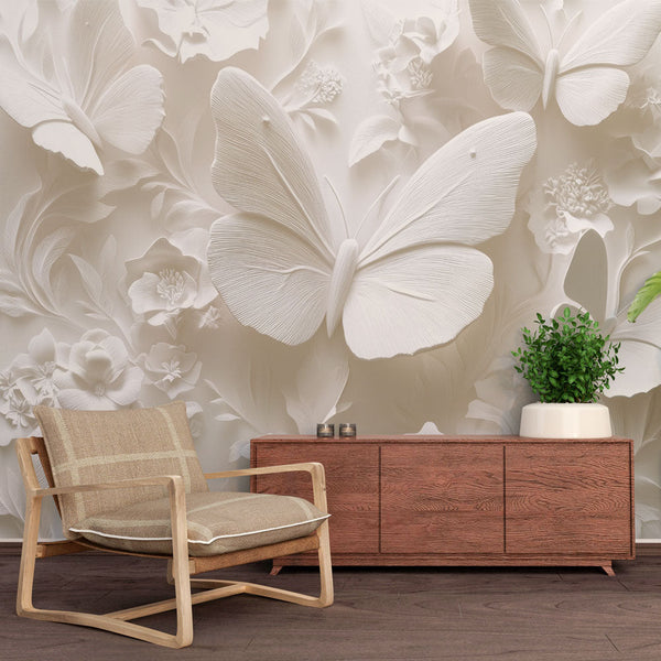 Butterfly Wallpaper | White Relief Elegance Mural