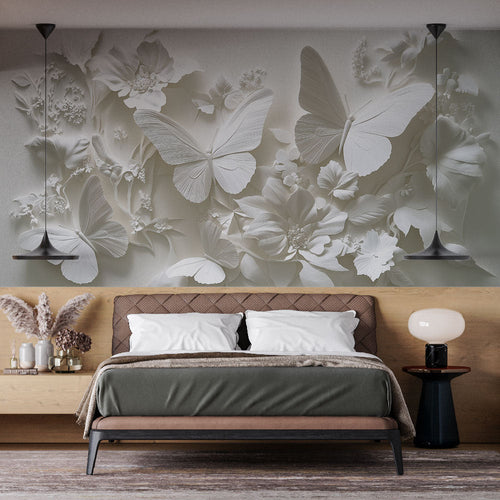 3D butterflies wallpaper with elegant relief design and flowers