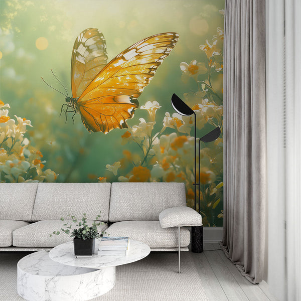 Orange Butterfly Elegance Wallpaper | Floral Wall Mural