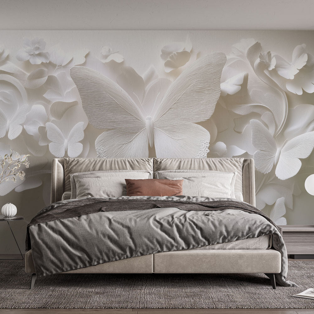 White Butterflies Wallpaper | Relief Elegance Mural