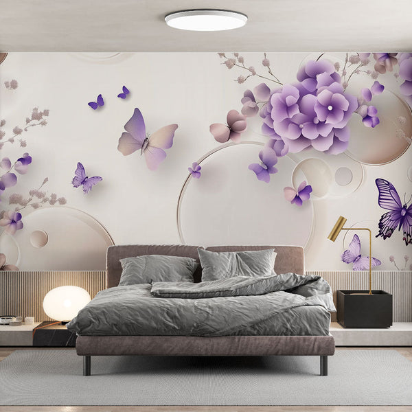 Floral Butterflies Wallpaper | Soft Violet Wall Mural
