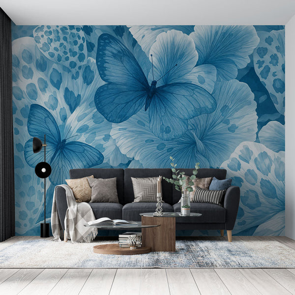 Blue Butterflies Wallpaper | Floral Elegance Wall Mural