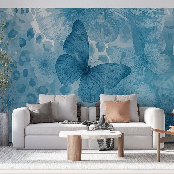 Butterfly Wallpaper | Blue Floral Design Wall Mural
