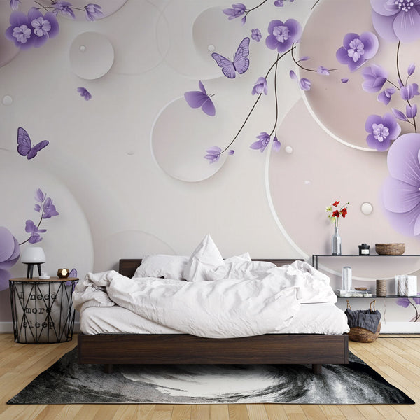 Floral Wallpaper | Violet Blooms & Butterflies Mural