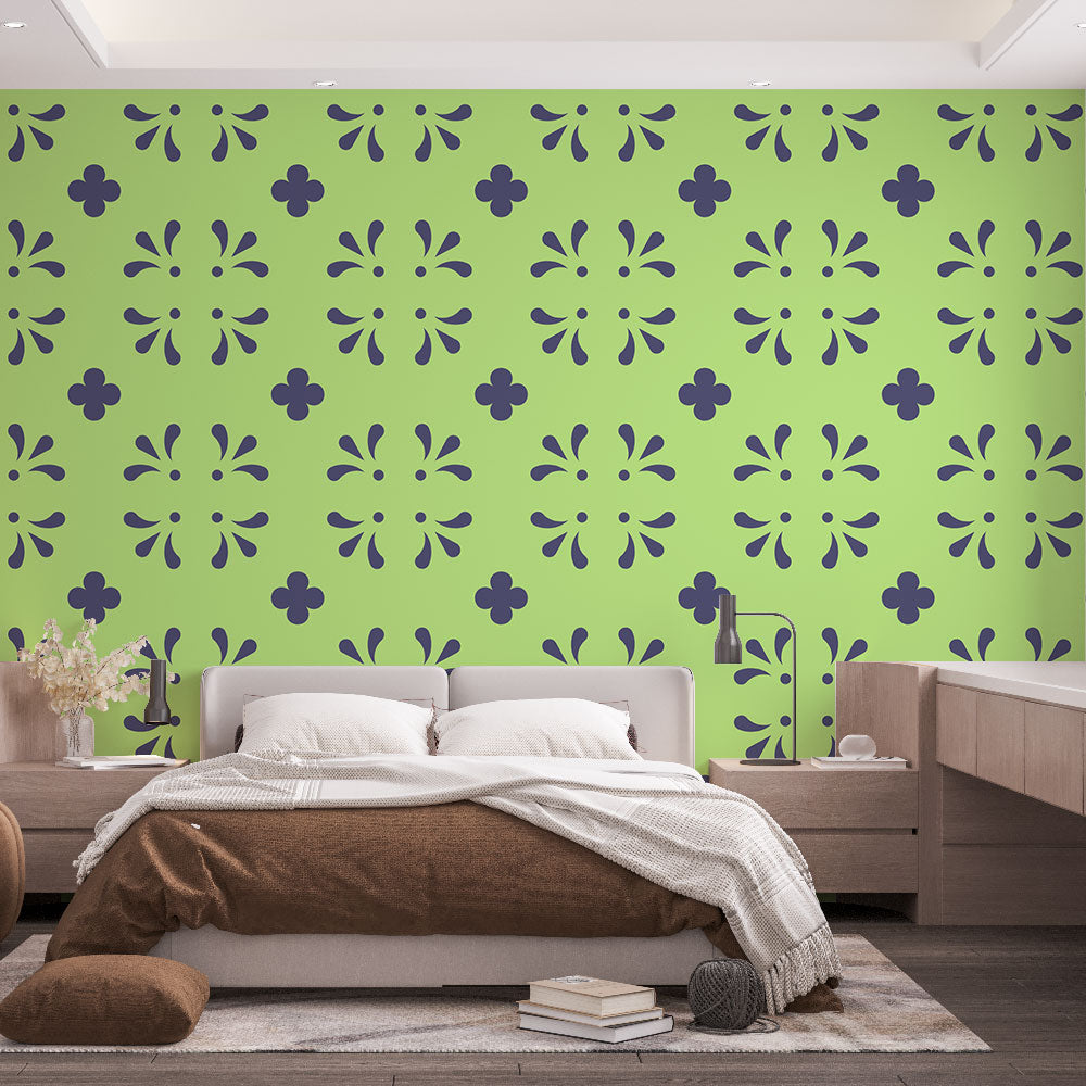 Geometric Floral Wallpaper | Navy on Green Wall Mural