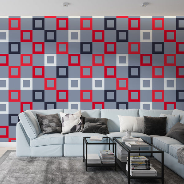 Geometric Wallpaper | Red, Navy and Grey Squares