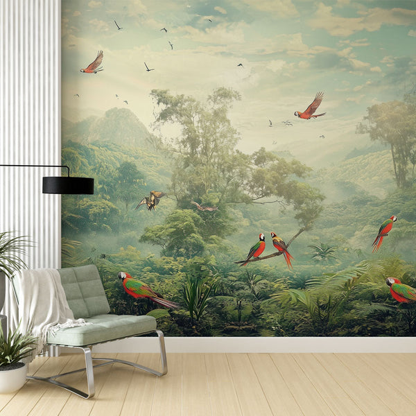 Jungle Wallpaper | Tropical Parrot Landscape Mural