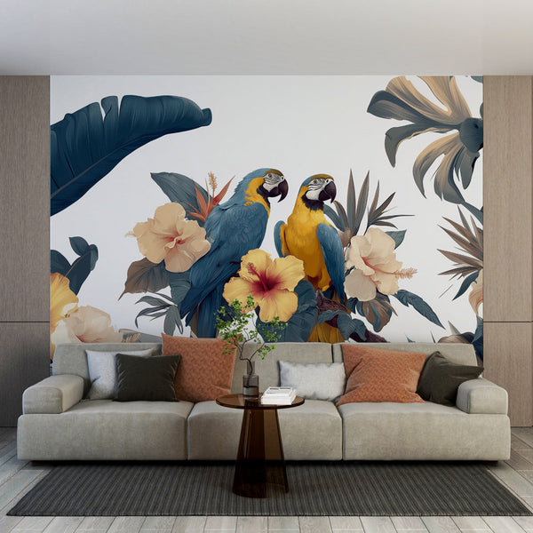 Tropical Parrots Wallpaper | Exotic Flowers Wall Mural