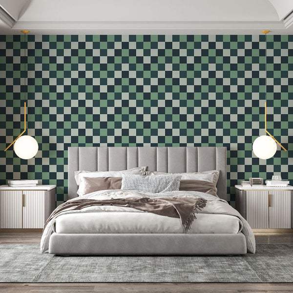 Checker wallpaper | Navy blue mint green mural
