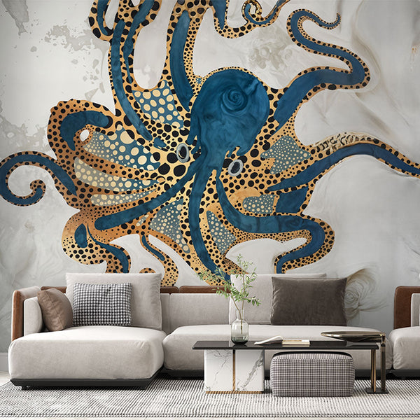 Octopus Wallpaper | Golden and Blue Marine Art Wall Mural