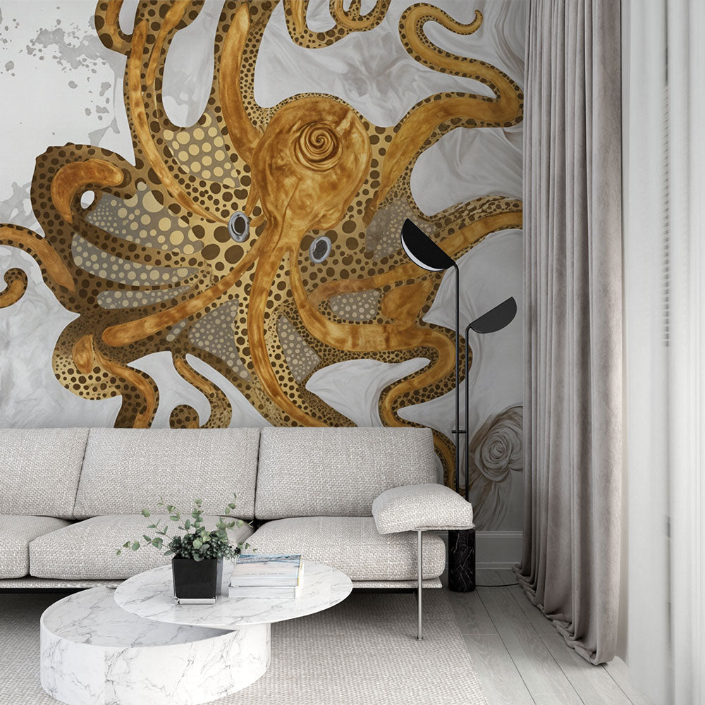 Octopus Wallpaper | Golden Marine Art on Marbled Backdrop