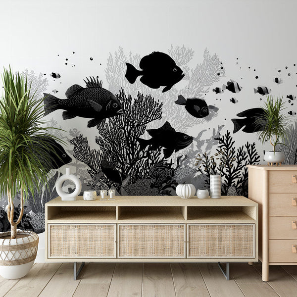 Ocean Wallpaper | Black and White Fish and Coral Mural