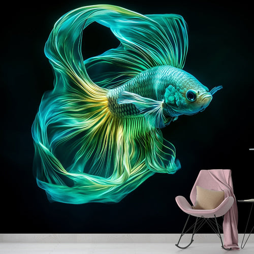 Betta fish wallpaper with elegant turquoise and gold fins against deep dark water