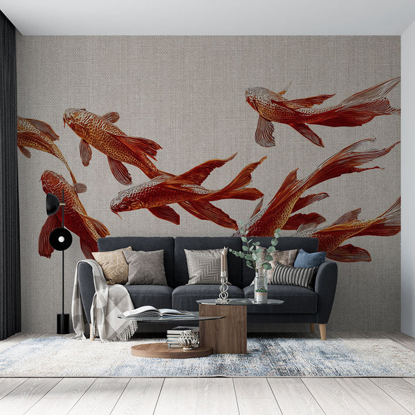 Fish Wallpaper | Elegant Koi Carp on Textured Beige