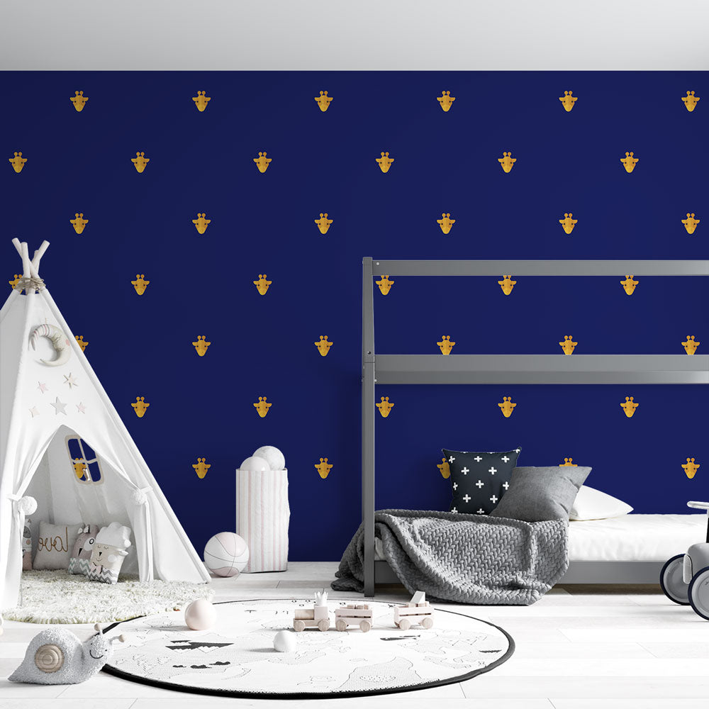 Giraffe Wallpaper - Backdrop Blue with Motifs Gold