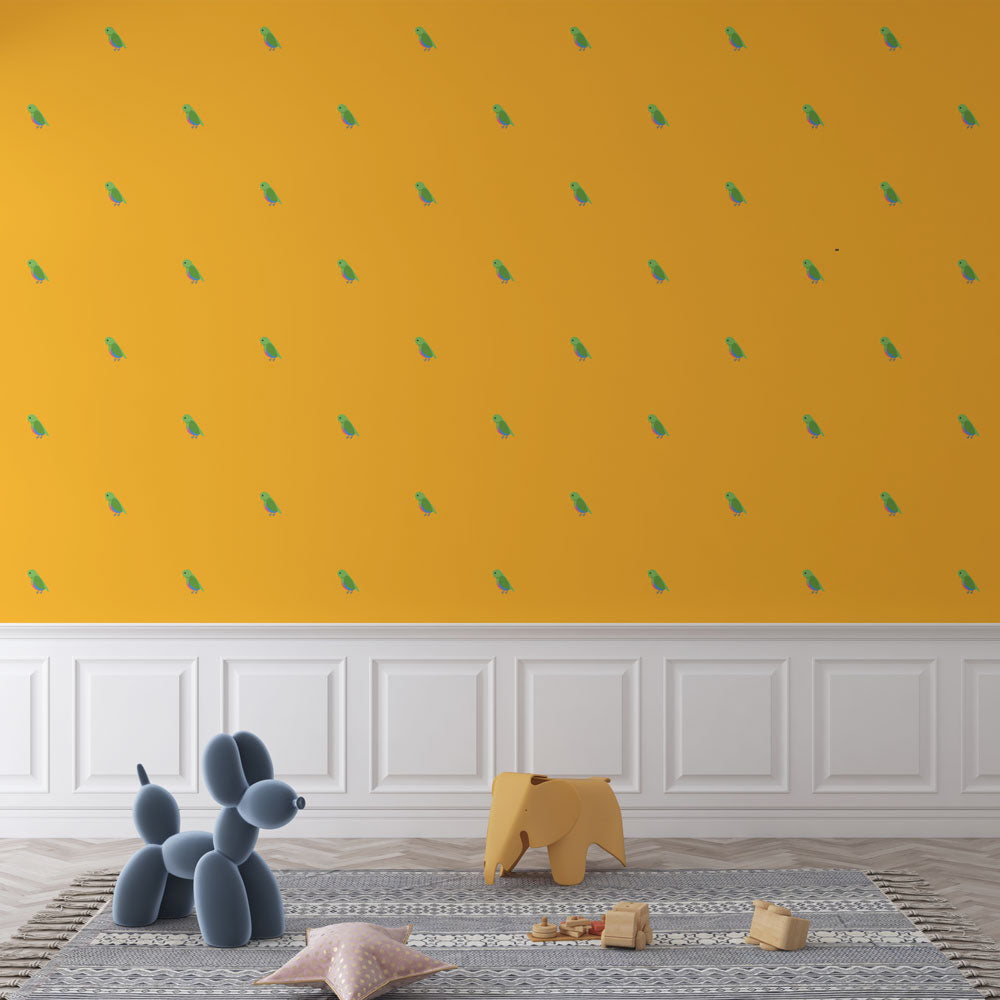 Parrot Wallpaper - Petits Motifs Green on Orange