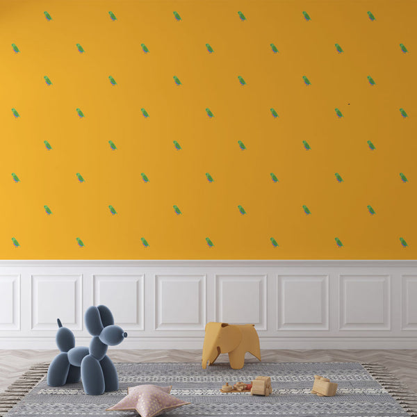 Parrot Wallpaper - Petits Motifs Green on Orange