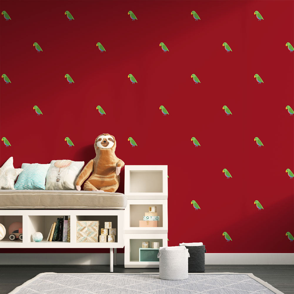 Parrot Wallpaper - Backdrop Burgundy with Motifs De Perroquets Green