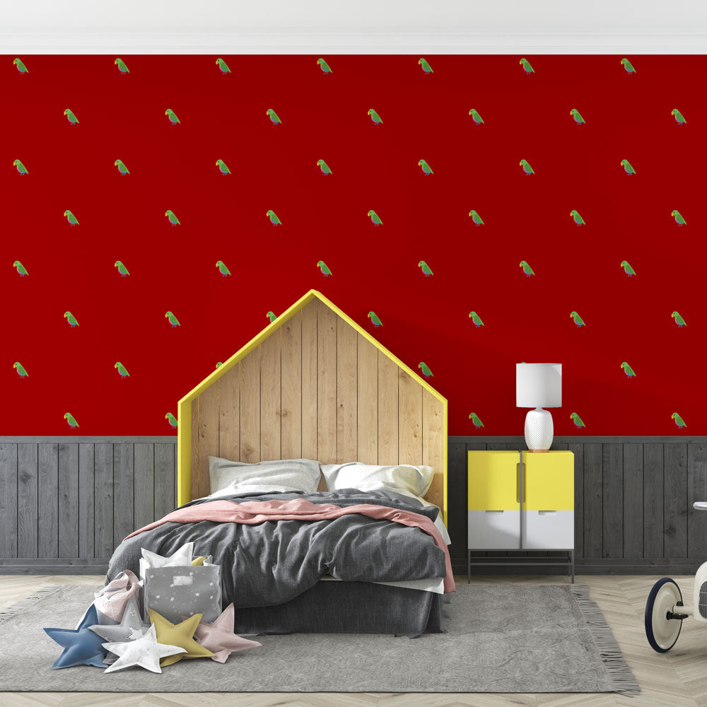 Parrot Wallpaper - Backdrop Red and Motifs Green