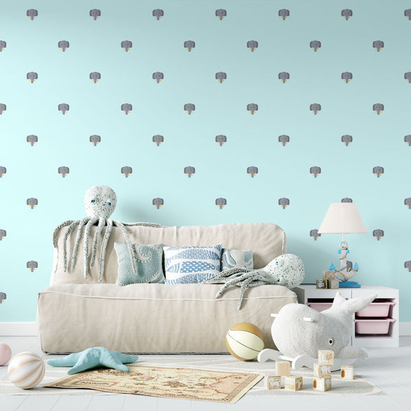 Elephant Wallpaper - Design Playful on Blue