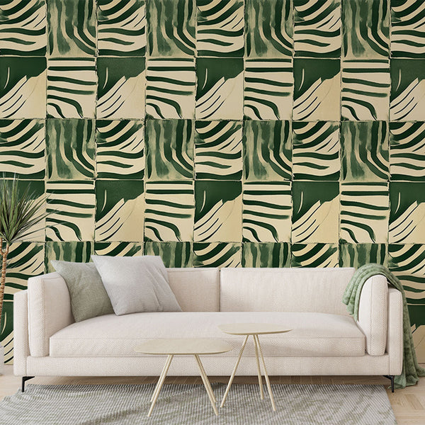Zebra Wallpaper | Dark Green and Beige Graphic Wall Mural