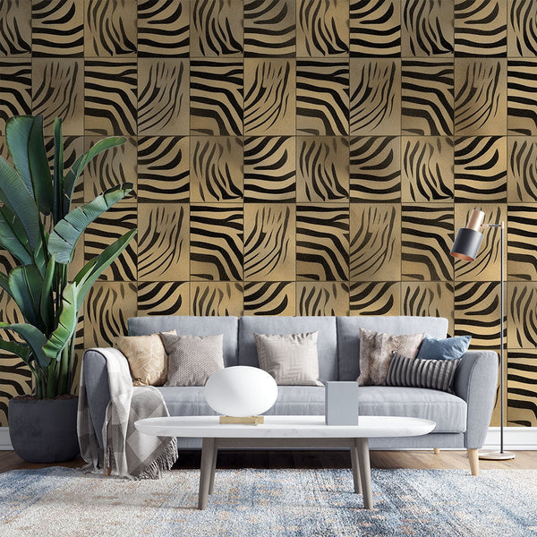 Zebra Print Wallpaper | Black and Gold Modern Wall Mural